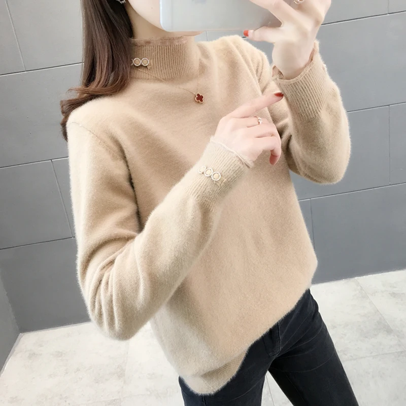 

Women Autumn Sweater Casual Loose Turtleneck Knitted Jumpers Pullovers Winter Long Sleeve White