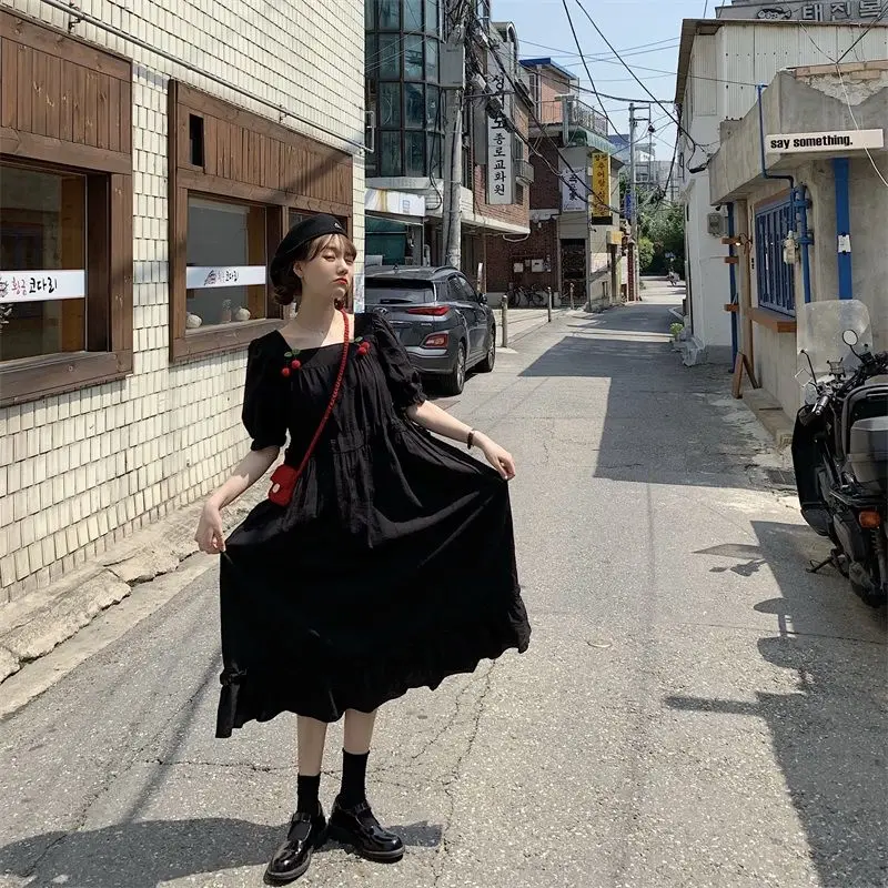 

Dresses Women Solid Mid-Calf Square Collar Womens Patchwork Fashion Pleated Popular Simple All-match Dress Korean Style Ruffles