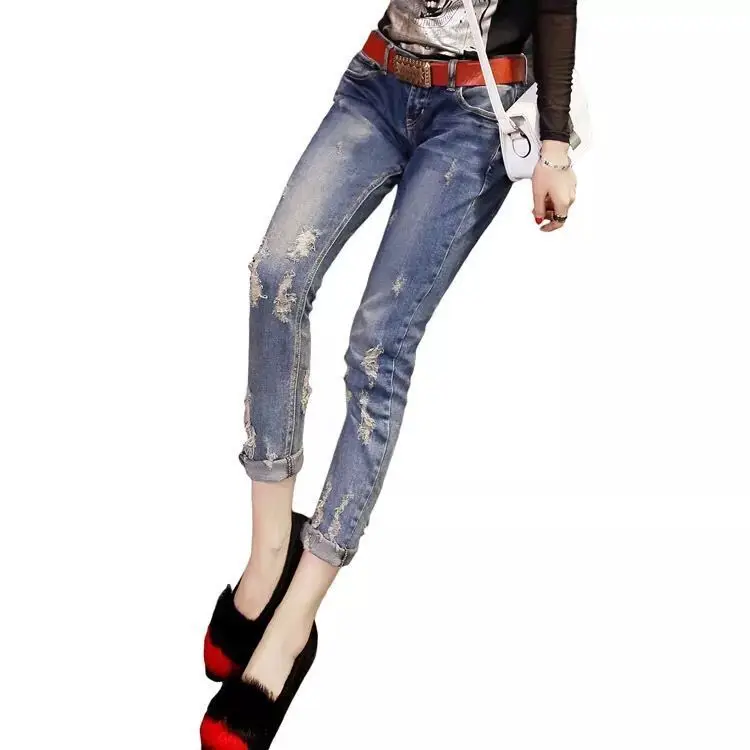 

2021 new slim legged jeans women's hole pants slim elastic 9-point pencil Korean mid waist 9-point pants