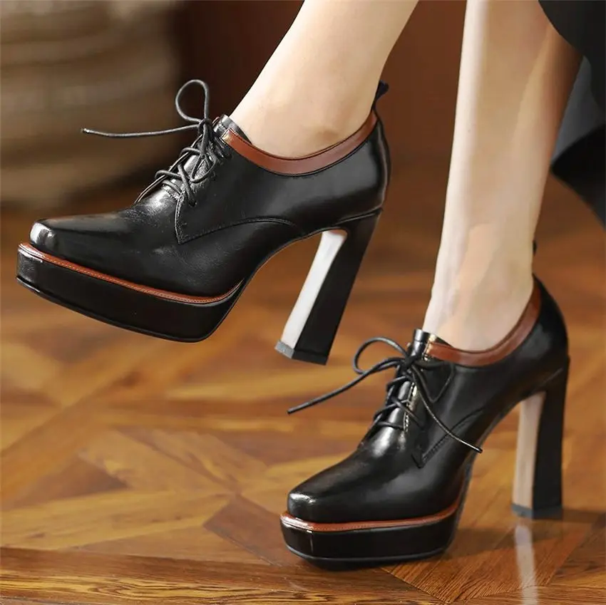 Bottines en cuir véritable à talons hauts épais pour femmes, escarpins à plateforme, à bout rond, chaussures de boîte de nuit de mariage 34 35 36 37 38 39