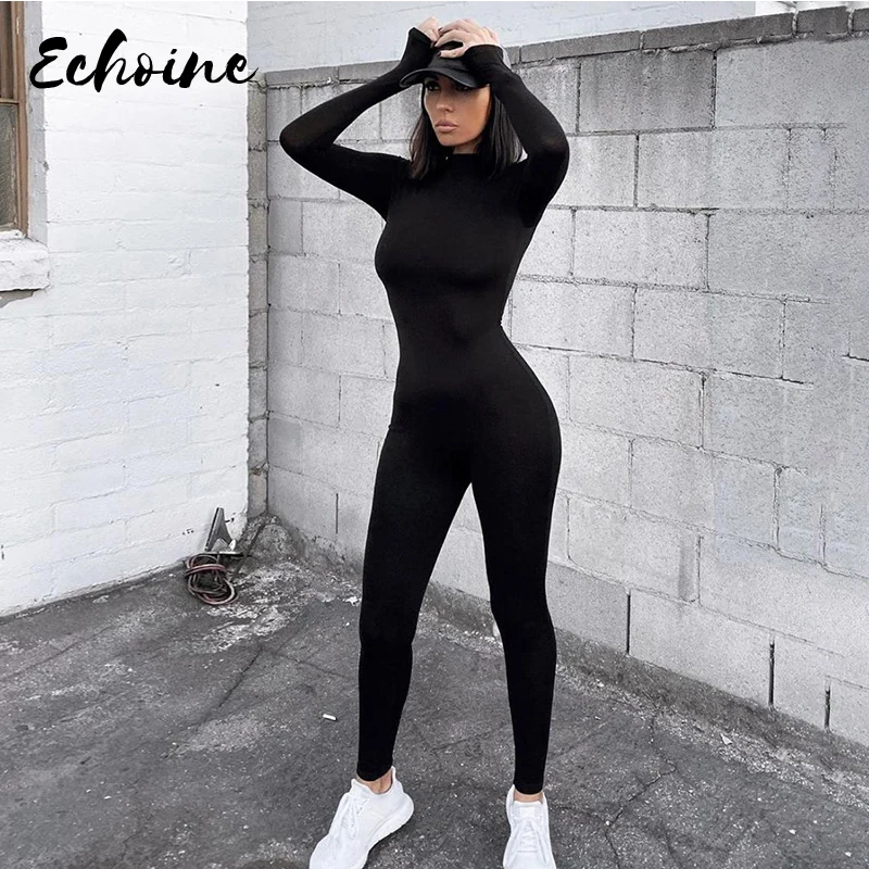 

Solid Black/Gray Long Sleeve Skinny Jumpsuit Autumn Winter Women Elastic Hight Outfit Fashion Fitness Sportwear Slim Rompers
