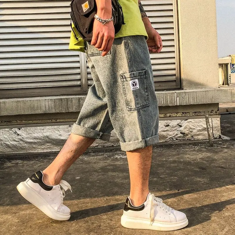 

2021 teenager Cropped jeans men shorts Korean style loose straight wide leg pants