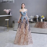 janevini 2020 luxury dubai long evening dresses sparkle gold blue sequins off the shoulder a line floor length women dinner gown