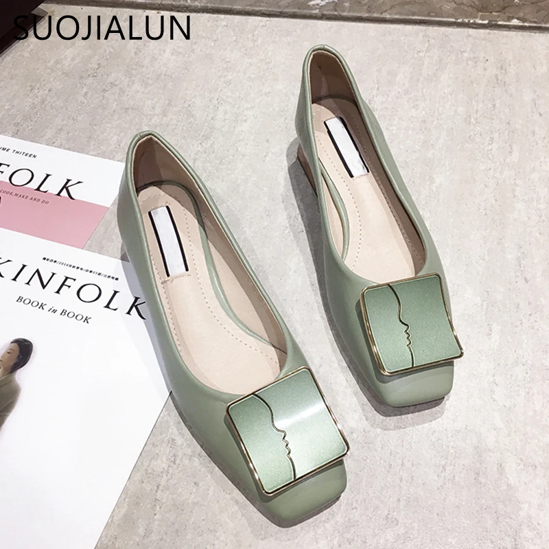 SUOJIALUN Luxury Women Spring Flat Shoes Square Toe Medium Heels Fashion Metal Boat Low Heels Shoes Women Dress Shoes