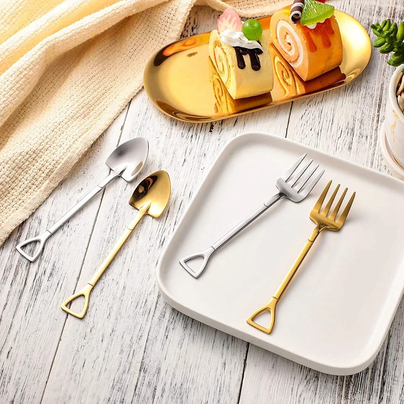 

8Pcs Shovel Spoon Fork Stainless Steel Shovel Coffee Spoon Shovel Handle Dessert Spoon Ice Cream Spoon Shovel Shape Fork