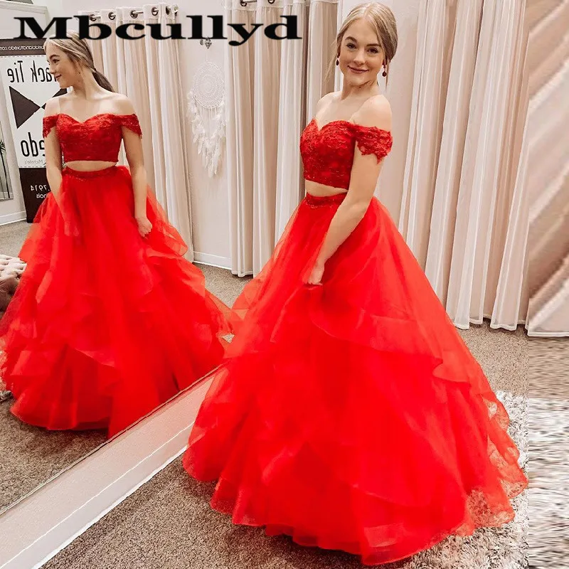 

Mbcullyd Red Two Pieces Prom Dresses Long 2023 Puffy Tulle Formal Evening Pageant Gown Fashion Applique Lace robe de soiree