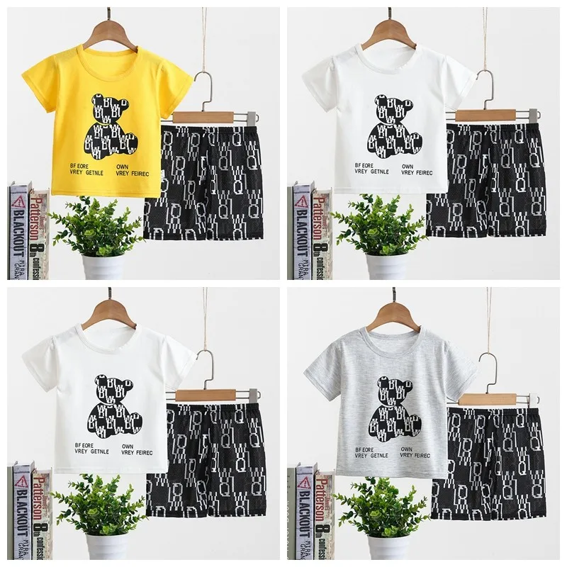 2 шт./компл. модные джинсы для мальчиков черная с коротким рукавом изображением