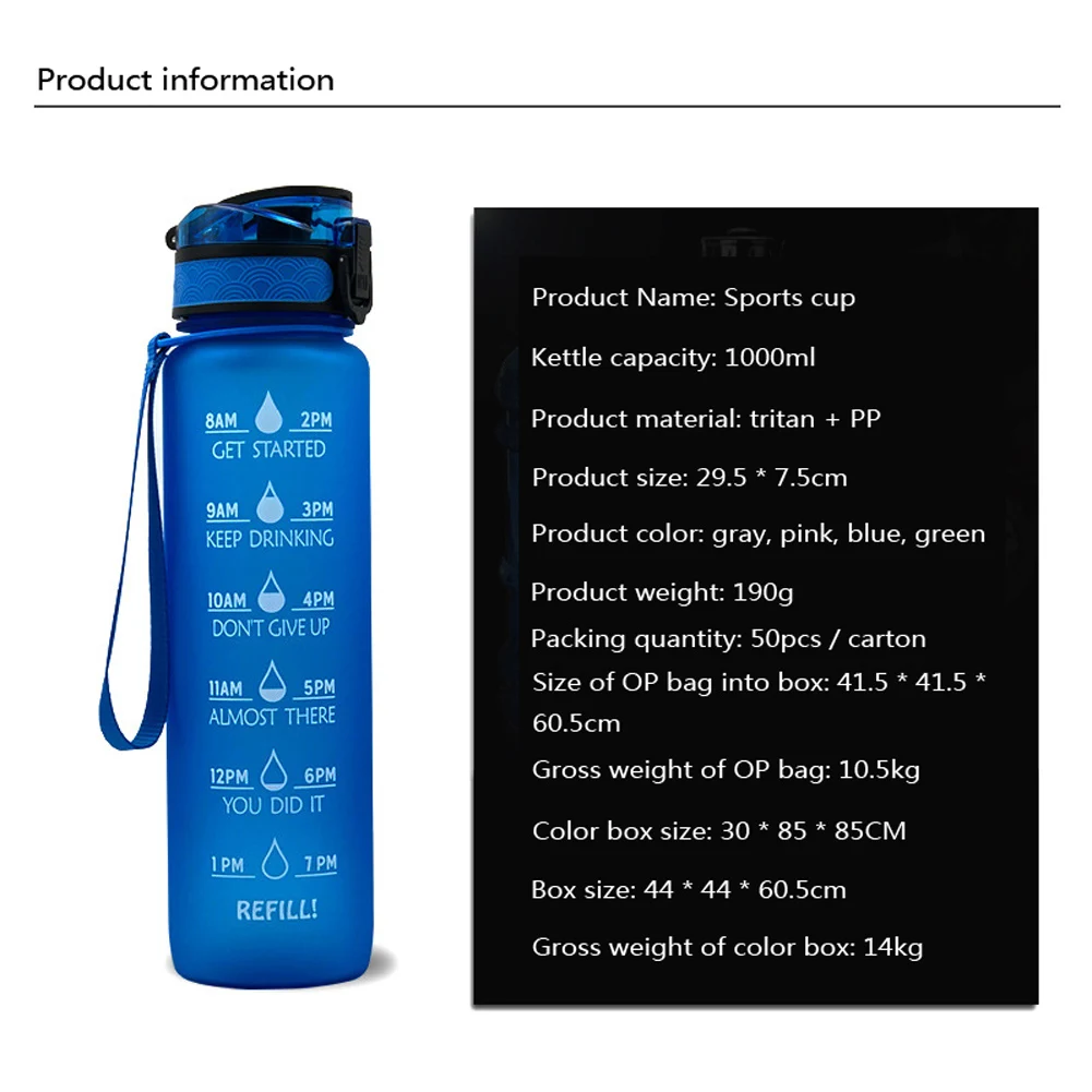 

Sport Water Bottle with Time Marker and Removable Strainer Flip Top Open Leakproof Durable BPA Free Non-Toxic Kettle
