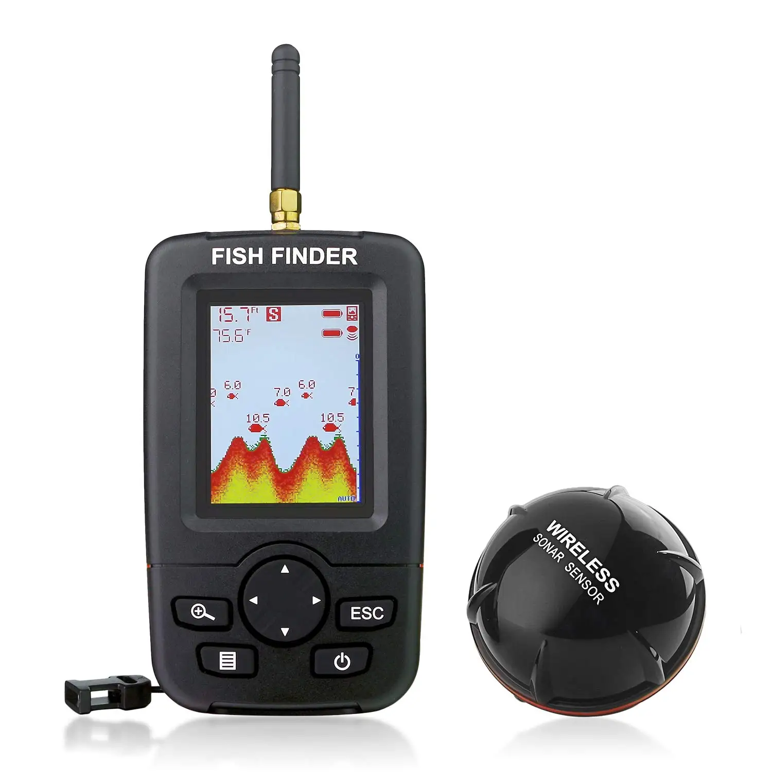 Portable Fish Finder Wireless Sonar Sensor Fishfinder Depth Fish Size, Water Temperature, Bottom Contour, Color LCD Portable Fish Finder Wireless Sonar Sensor Fishfinder Depth Fish Size, Water Temperature, Bottom Contour, Color LCD