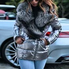 Женская короткая куртка с капюшоном и меховым воротником, серебристо-черная Толстая теплая куртка с длинным рукавом, размеры до 4XL, 2021