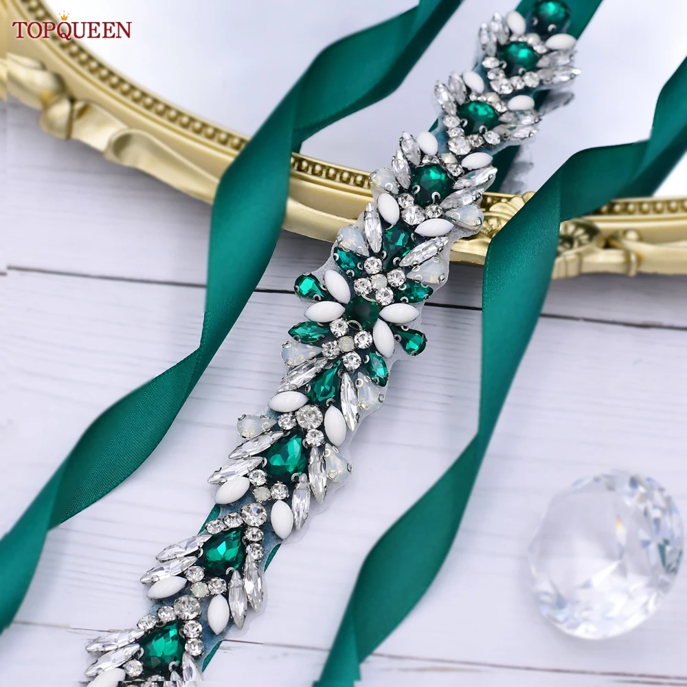 TOPQUEEN S476-G Green Rhinestone Jewel Bride Belt Wedding Women's Ladies Dress Gown Sash for Formal Bridesmaid Bridal Applique