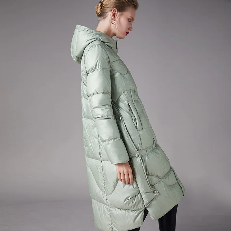 

Women down coats luxury autumn winter warm fashion 90% white duck down Jackets Female lady long puffer hooded casual green thin