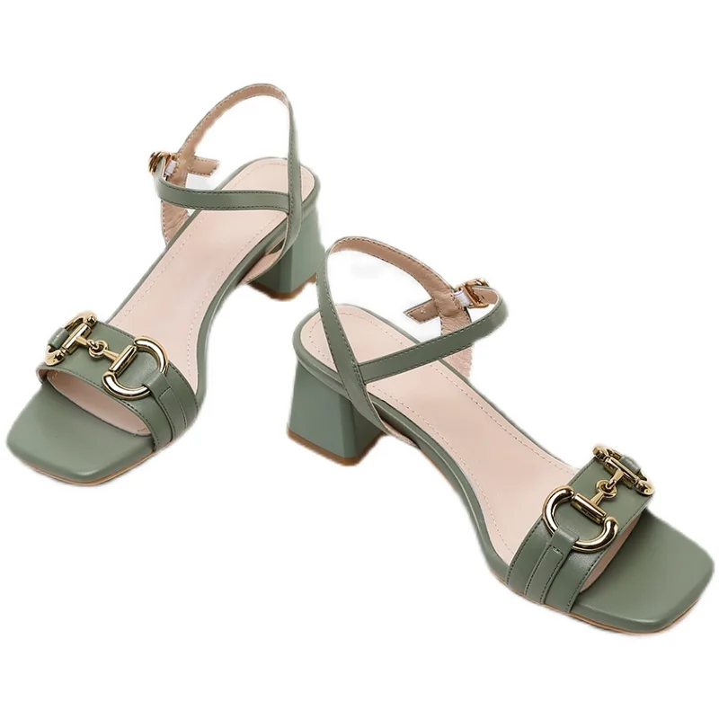 

Middle Heel Square Head Genuine Leather Summer Women's Sandals 2021