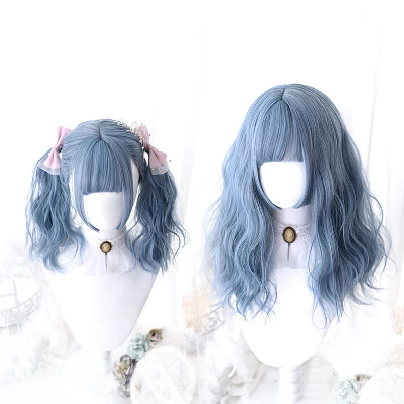 

Синий парик Лолита Харадзюку Косплей челка кудрявые 45 см Длинные Сладкие синтетические волосы для взрослых девочек