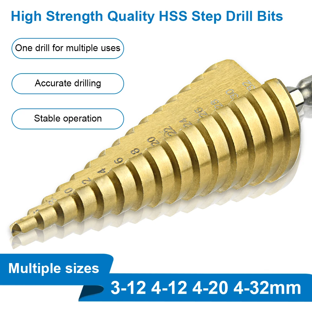 

3Pcs Set Cutter Drilling Drill Cone Step Bit Hole HSS Steel 4-12 4-20 4-32 HSS Straight Groove Step Wood TitaniumMetal Tools