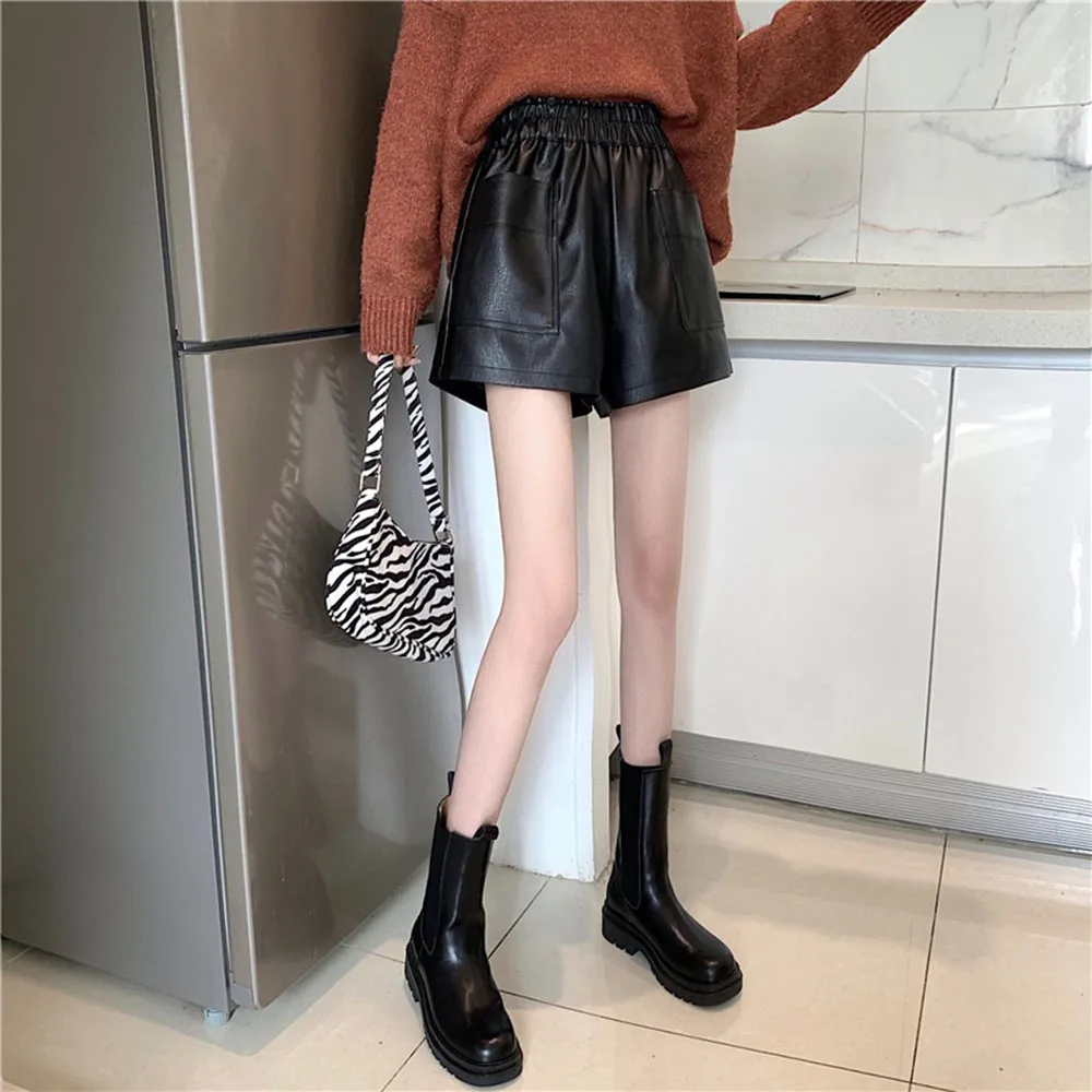 

Women Casual Shorts Loose Wide-leg Leather Korean Version Thin High-waisted Straight 2021 Outer Wear