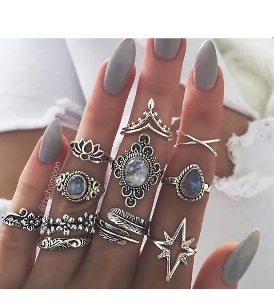 Bague Femme, винтажные кольца для женщин, геометрической формы, в стиле бохо, цветок, кристалл, кольцо на кончик пальца, набор, богемный, миди, ювелирные изделия, серебряный цвет
