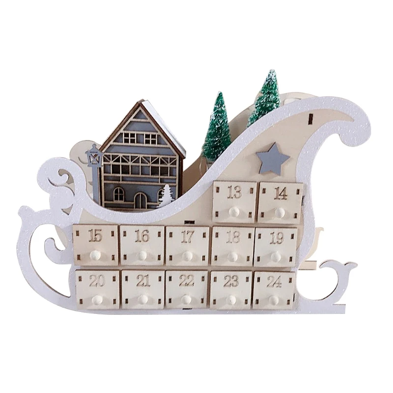 

Tree House Sleigh Wooden Advent Calendar Countdown Christmas Party Decor 24 Drawers with LED Light Ornament