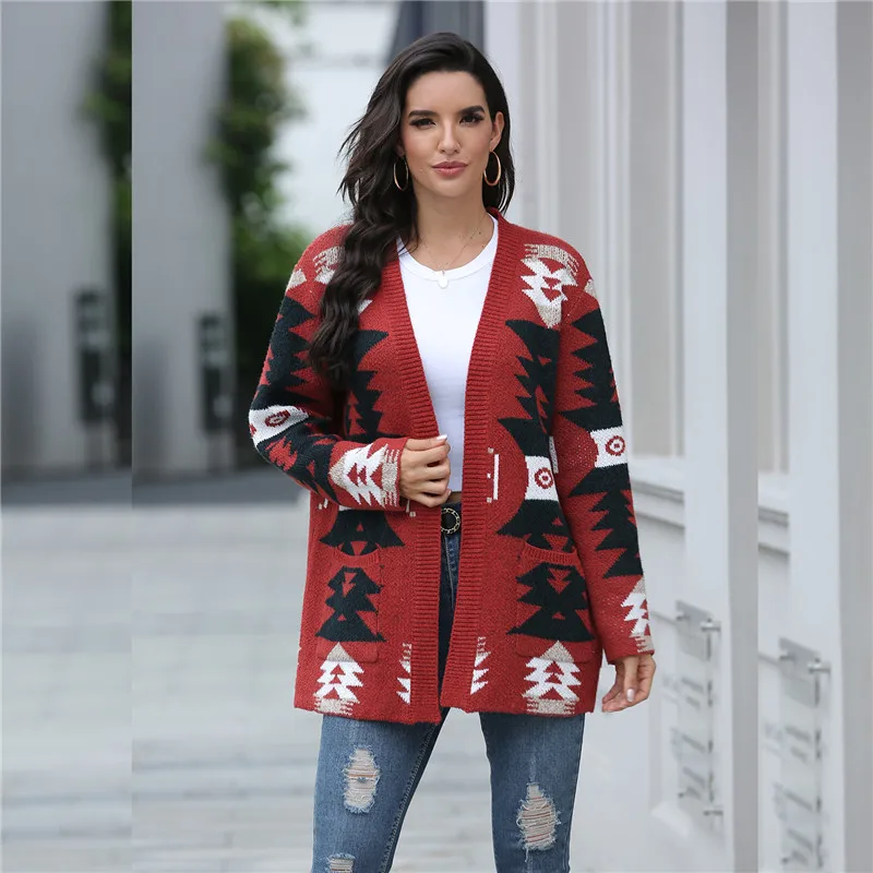 

Vintage 2020 Print Women Cardigans Winter Casual Elegant Open Stitch Loose Sweater Coat