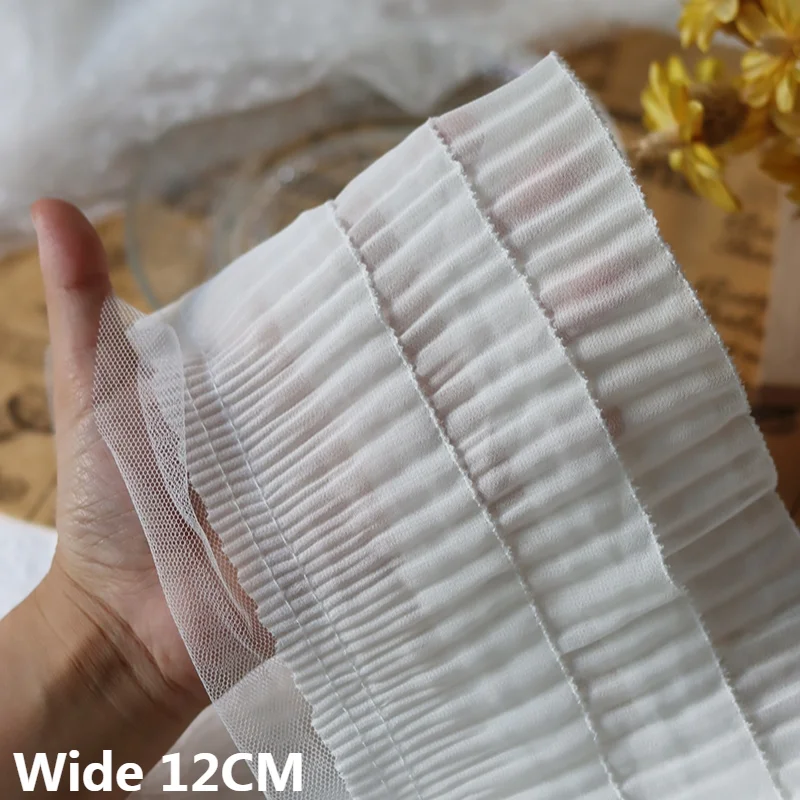 

12CM Wide White Three Layers 3D Pleated Chiffon Fabric Embroidered Ribbon Dress Collar Fringe Ruffle Trim Curtains Sewing Decor
