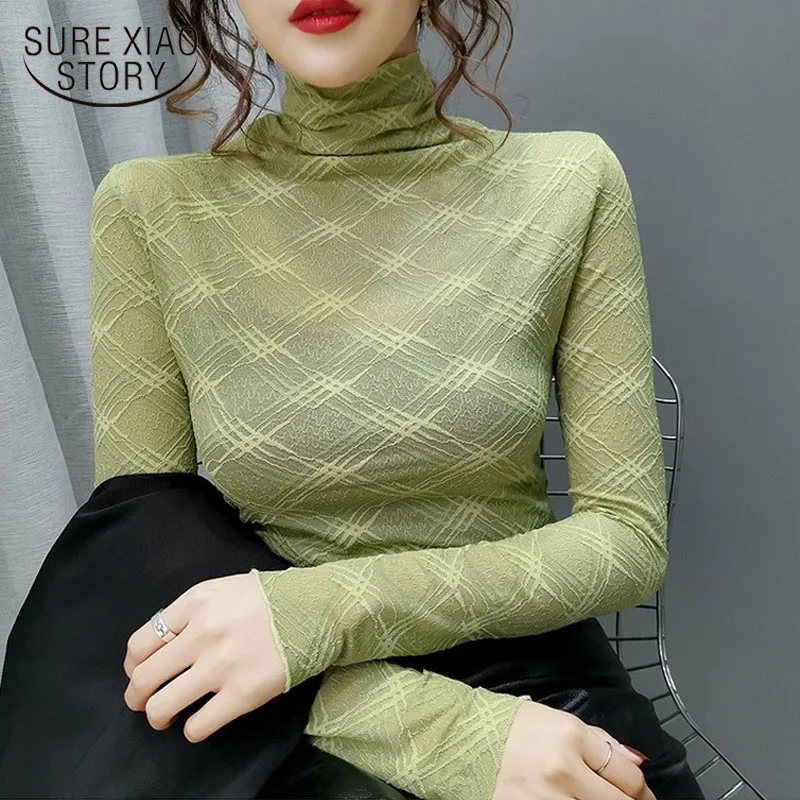 

New Style for Autumn and Winter Sexy Priming Lace Upper Garment Female Long Sleeve Turtleneck Lace Bottoming Shirt Blusas 10811
