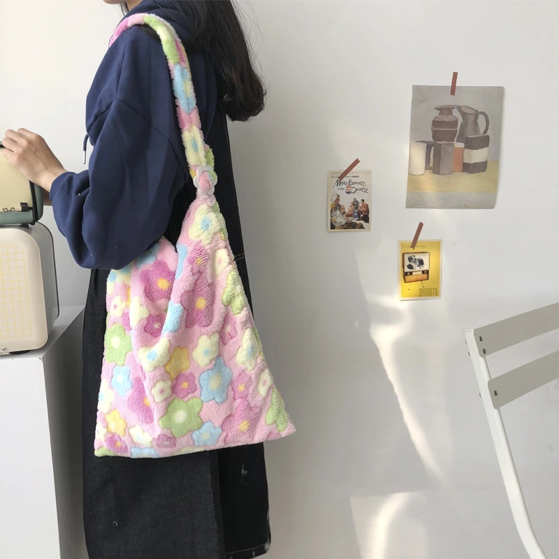 Новая хипстерская пушистая сумка с цветами милая Студенческая на плечо Большая