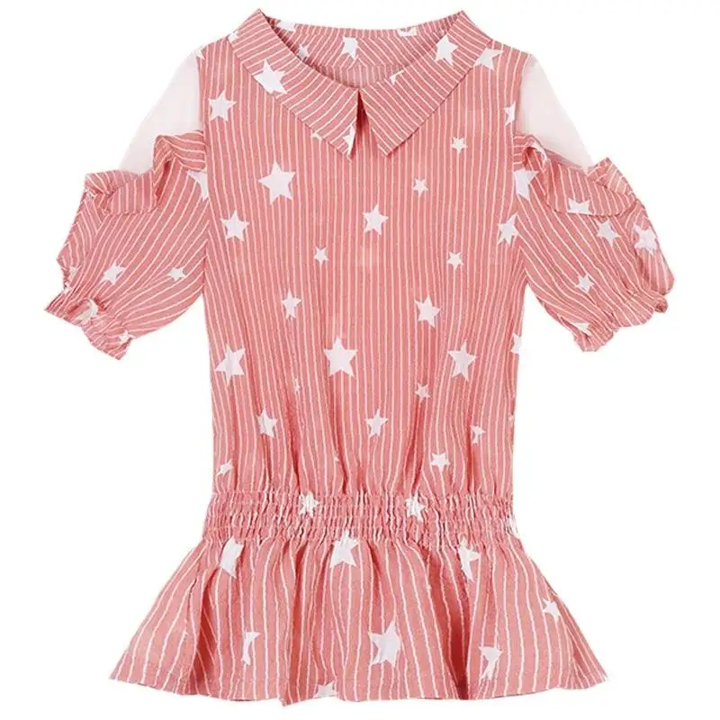 

Korean New 2020 Fashion Camisas Casual Brief Loose Women Clothing Mesh Striped Patchwork Peter Pan Collar Blusa Feminina