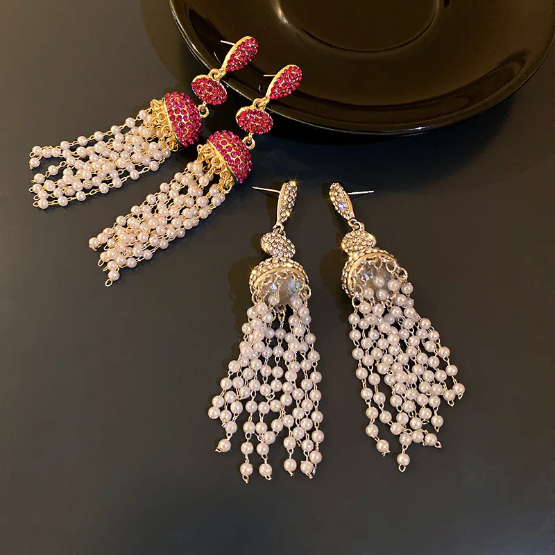 

New personality exaggerated diamond-studded pearl tassel S925 silver needle earrings female temperament exquisite earrings