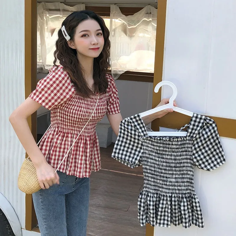 

Летняя рубашка в клетку с принтом, Повседневная шифоновая блузка с квадратным вырезом и коротким рукавом, милые блузки с оборками, 2020