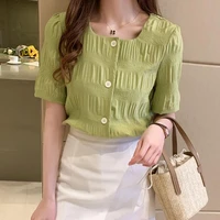 chic avocado green chiffon square collar women blouse summer bubble sleeve button tops 2021 fashion elegant blouses