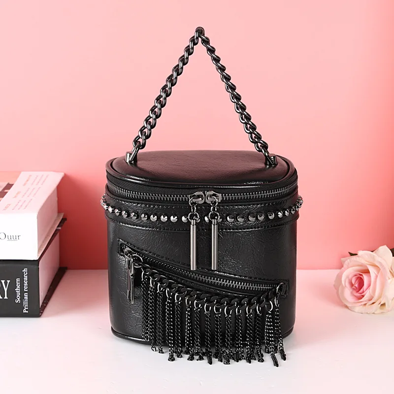 Женская Панк Шипованная Сумка через плечо с кисточками крутая кожаная сумка