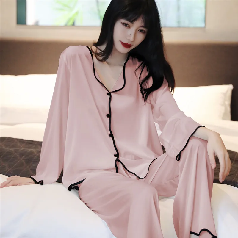 

Pink Nightgown Lady 2PCS Pajamas Set Spring New Sleepwear Long Sleeve Shirt&Pants Nightwear Loose Pijamas Rayon Home Clothing