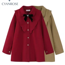 Women Woolen Overcoat French Style Fashion Winter Warm Thickened Bow Lapel Single Breasted Female Vi