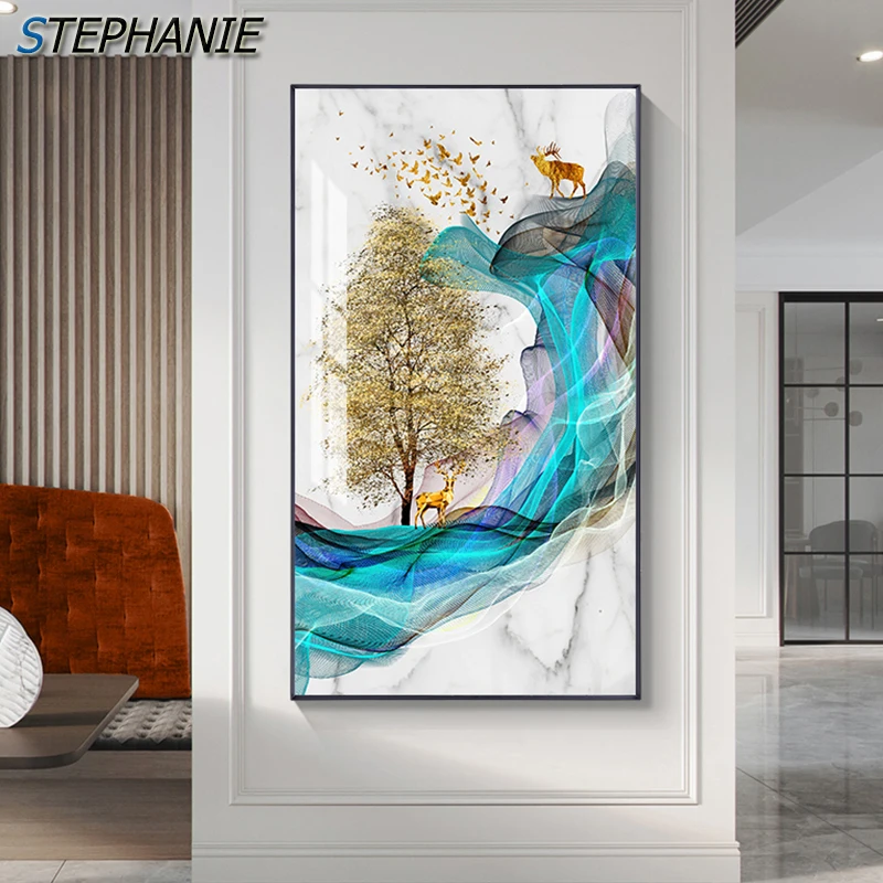 

Modern Golden Tree Abstract Canvas Painting Nordic Deer HD Poster N Print Contemporary Wall Art Picture for Living Room Bedroom