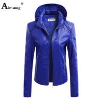 women faux pu leather jackets female hooded top outerwear pocket zipper coats slim biker jacket blue red womens clothing 2021