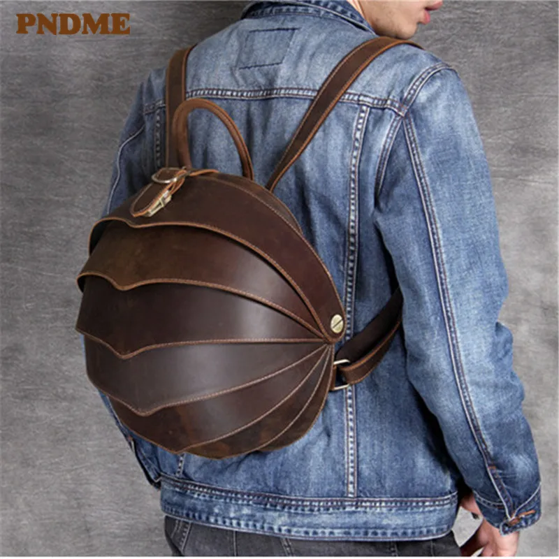 PNDME vintage designer crazy horse cowhide men's women's backpack daily luxury genuine leather personalized travel small bagpack