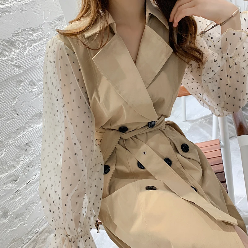 Костюм платье 2021 весна осень Марлевое соединение элегантный Пышный рукав