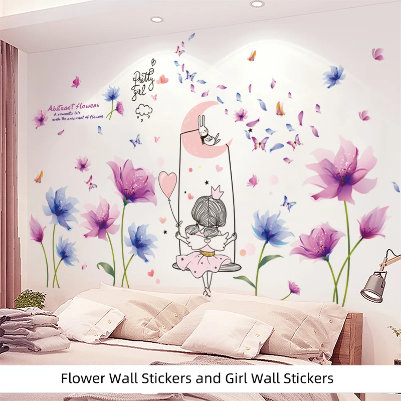 

[shijuekongjian] Cartoon Swing Girl Wall Stickers DIY Flowers Plants Mural Decals for Kids Bedroom Living Room Home Decoration