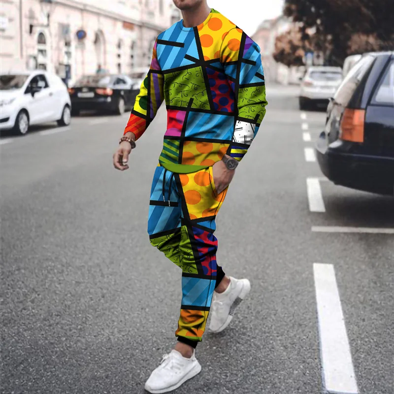 

2021 Men's New Retro Ethnic Style Autumn and Winter Fashion Color Stripes Two-Piece New Casual Sports Round Neck Long Sleeve