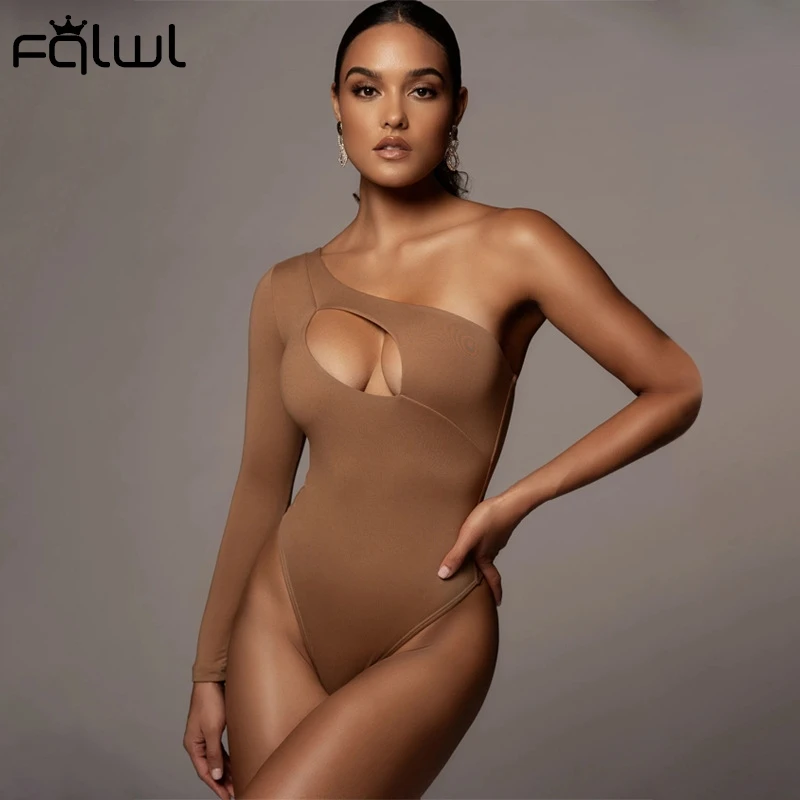 

FQLWL One Shoulder Hollow Out Bodycon Women Bodysuit One Piece Outfit Female Elastic Backless Solid Black White Bodysuit Women