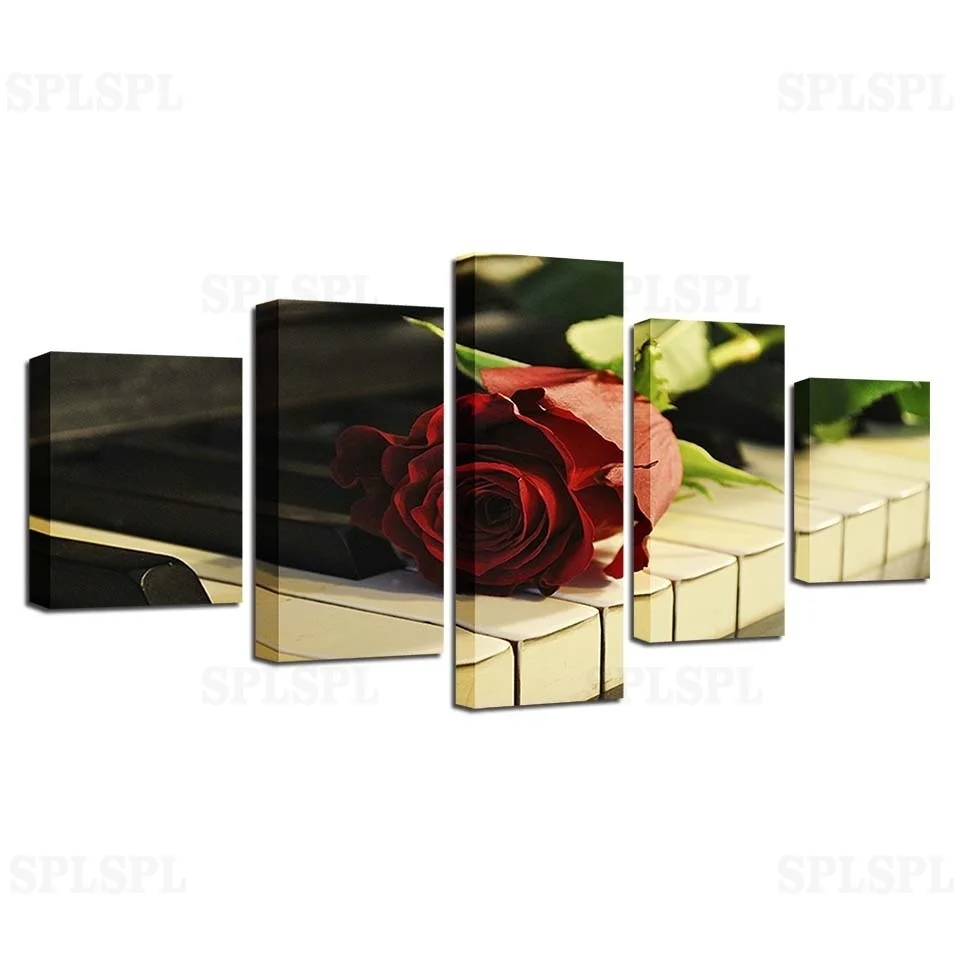 

Canvas Paintings For Living Room HD Prints Flowers And Music Pictures 5 Pieces Red Rose Piano Keys Posters Wall Art Home Decor