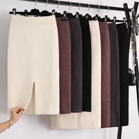 winter thickening wool blend split mid knitted skirt cashmere warm hip slim mid calf knit skirts 2 length 4 colors