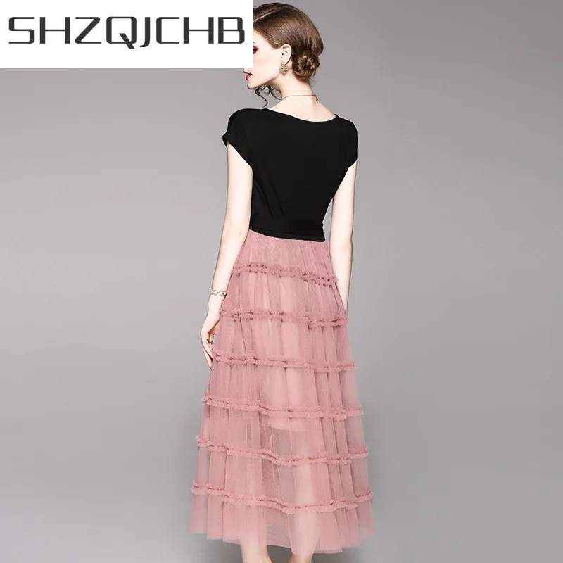

Женское длинное летнее платье SHZQ, элегантное Сетчатое платье макси, праздничная одежда 2021, черные и розовые винтажные платья, платья для пра...
