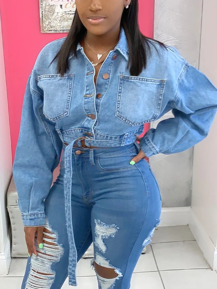 

Fashion Jeans Jackets Coats Women 2021 Short Casual Loose Denim Coat Autumn Long Sleeve Oversize Women Denim Jacket With Belt