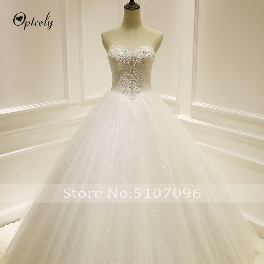 Optcely Charming Wedding Formal Dress Strapless Backless A-line Wedding Dress Train Appliques Beaded Lace Up Princess Gown