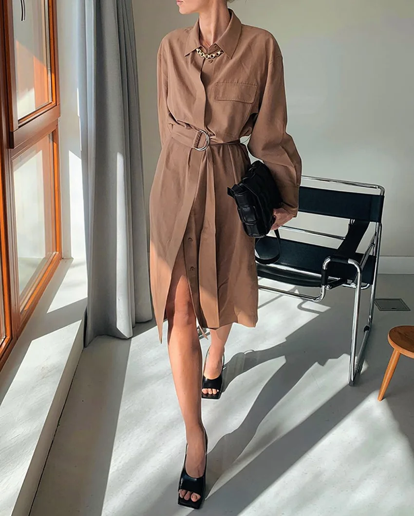 Новинка женское винтажное однотонное платье рубашка с принтом офисное длинным