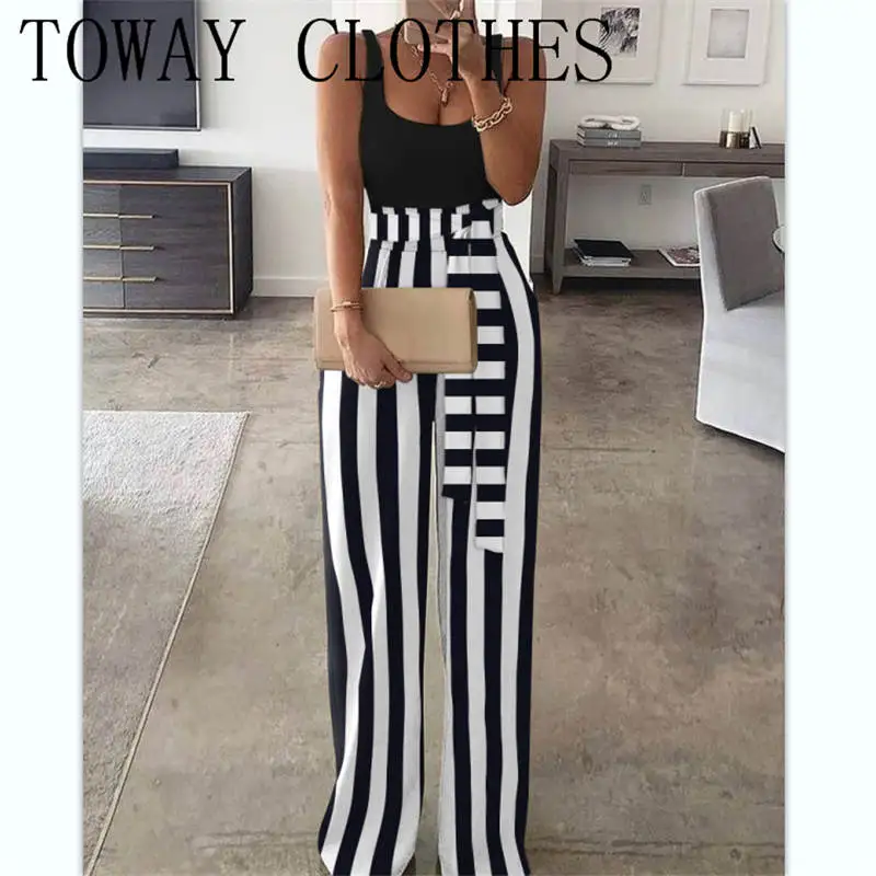 

Женский офисный комбинезон без рукавов, повседневный длинный комбинезон в полоску, с U-образным вырезом и вырезами, в стиле пэчворк