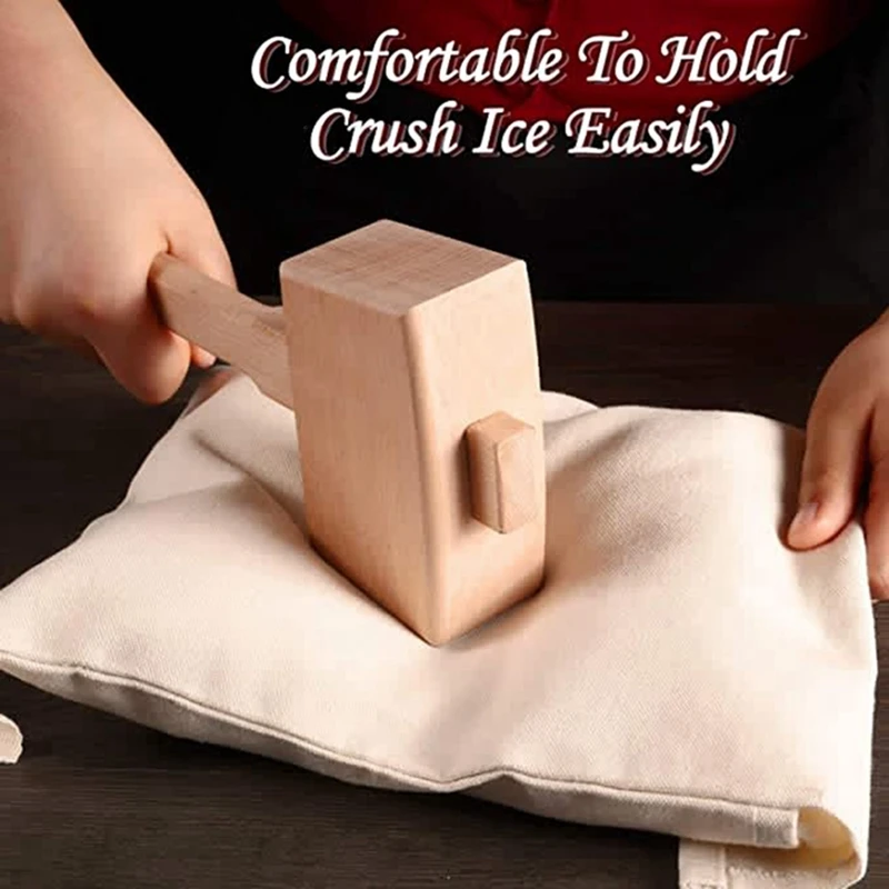 

2 Pcs Bag Canvas Ice Bag Reusable Canvas Bag Wood Hammer Mallet for Summer Bartender Bar Accessory