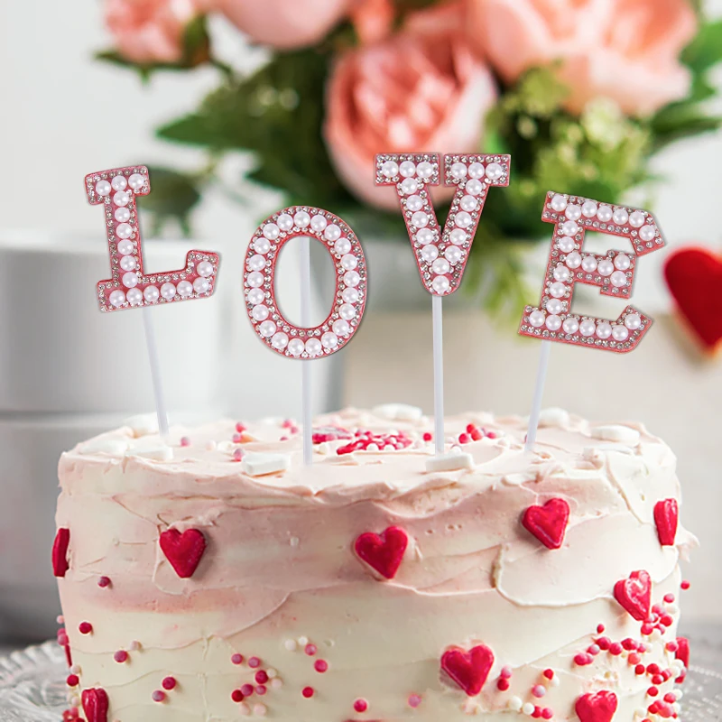 

4Pcs/Set LOVE BABY Glitter Letter Cake Topper With Pearl DIY Wedding Birthday Baby Shower Home Party Cake Decor Baking Supplies