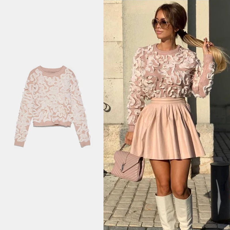 Женский вязаный свитер с круглым вырезом ZA Короткий Повседневный пуловер